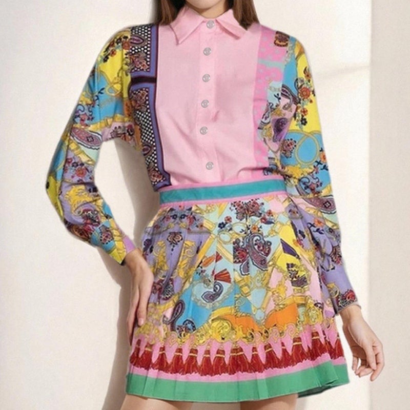 Women's Printed Long Sleeve Blouse and Pleated Skirt Two-Piece Set - Image 3