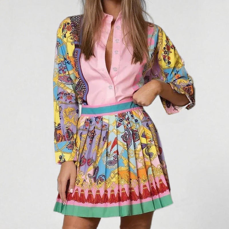 Women's Printed Long Sleeve Blouse and Pleated Skirt Two-Piece Set - Image 1