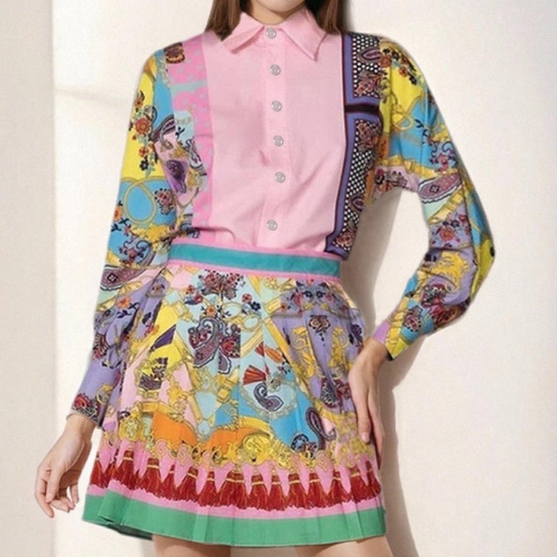 Women's Printed Long Sleeve Blouse and Pleated Skirt Two-Piece Set - Image 4