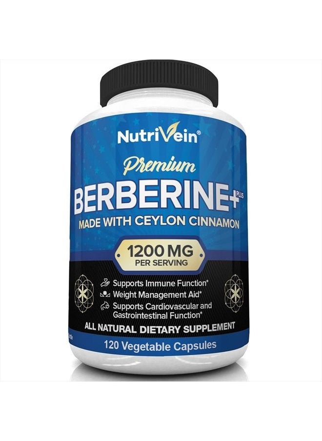 Nutrivein - Premium Berberine HCL 1200mg Plus Organic Ceylon Cinnamon - 120 Capsules - Supports Glucose Metabolism, Immune System, Weight Management - Berberine HCI Supplement - Image 1