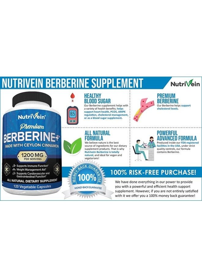 Nutrivein - Premium Berberine HCL 1200mg Plus Organic Ceylon Cinnamon - 120 Capsules - Supports Glucose Metabolism, Immune System, Weight Management - Berberine HCI Supplement - Image 1