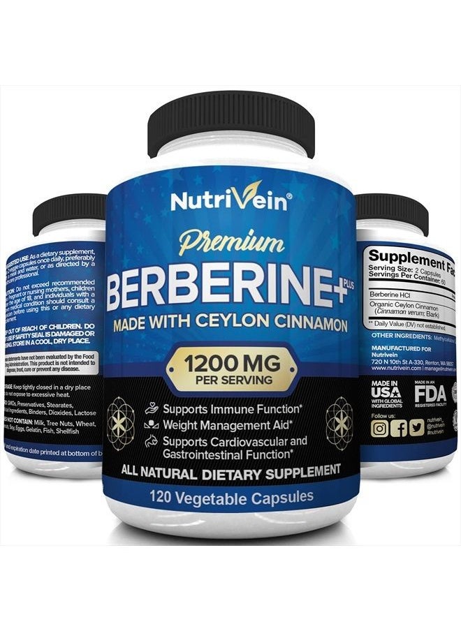 Nutrivein - Premium Berberine HCL 1200mg Plus Organic Ceylon Cinnamon - 120 Capsules - Supports Glucose Metabolism, Immune System, Weight Management - Berberine HCI Supplement - Image 1