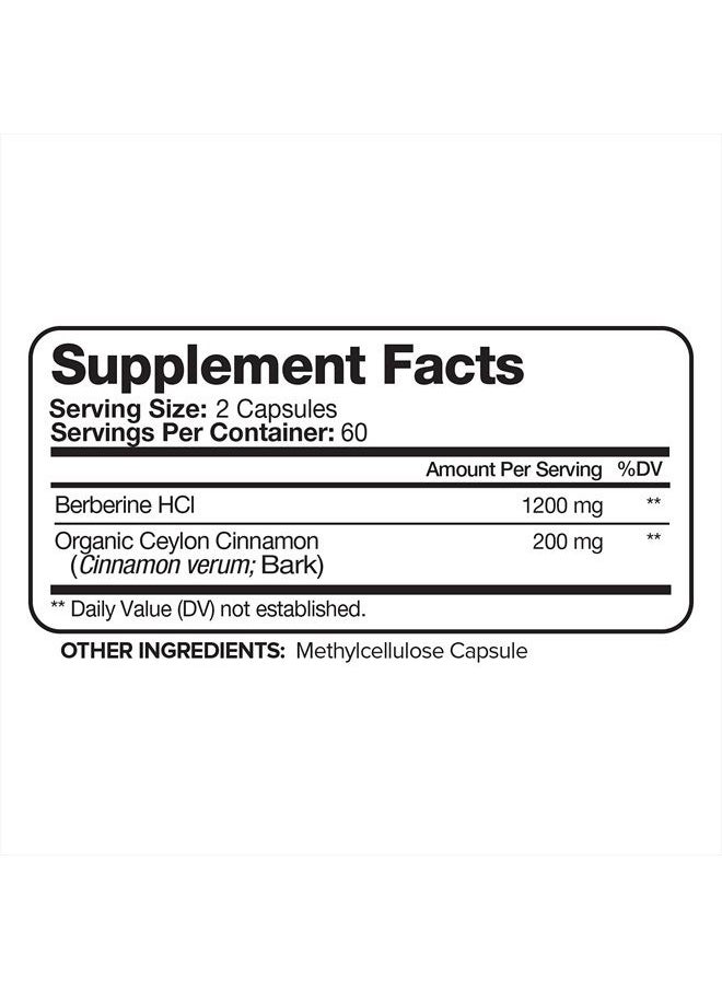 Nutrivein - Premium Berberine HCL 1200mg Plus Organic Ceylon Cinnamon - 120 Capsules - Supports Glucose Metabolism, Immune System, Weight Management - Berberine HCI Supplement - Image 1