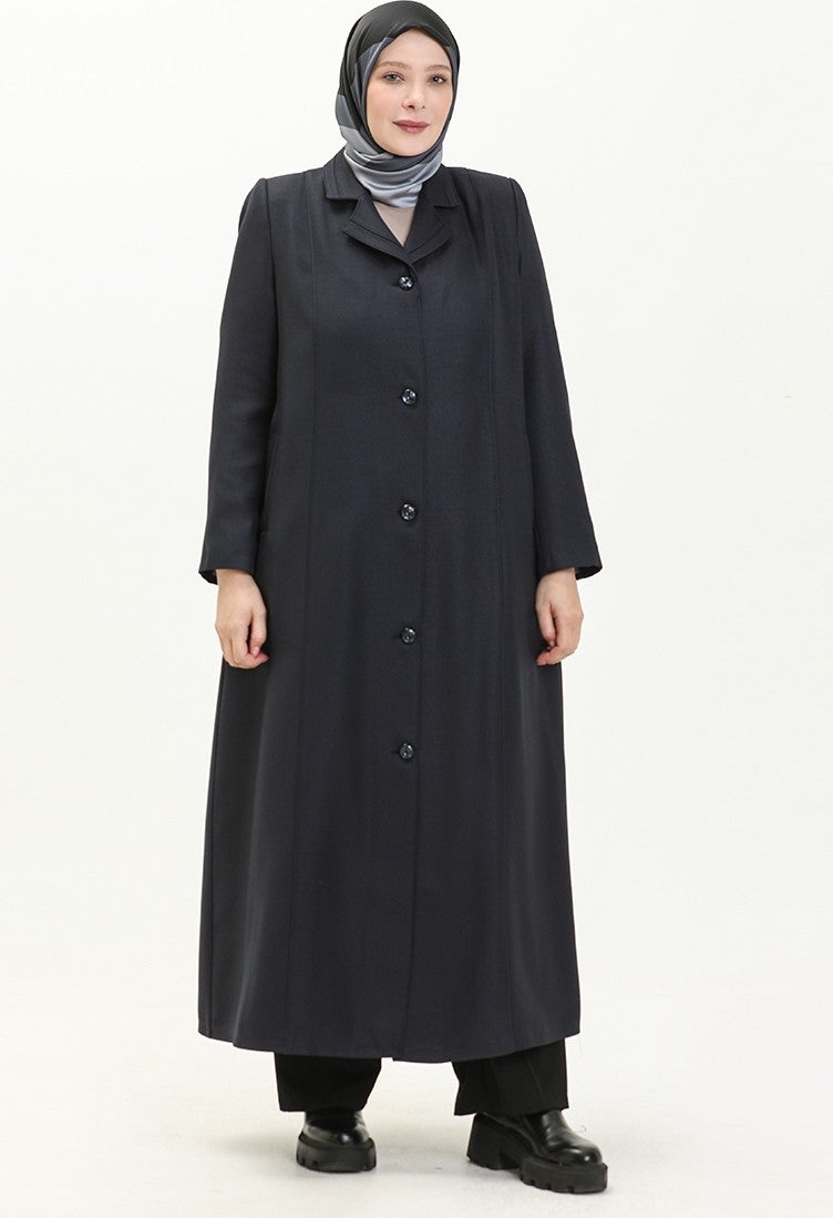 Sefa Merve Plus Size Buttoned Lined Overcoat 0422-03 Navy Blue  - Image 1