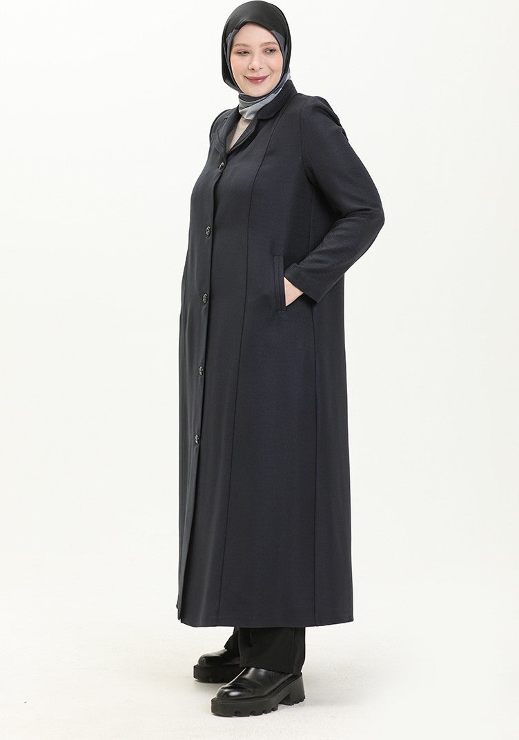 Sefa Merve Plus Size Buttoned Lined Overcoat 0422-03 Navy Blue  - Image 3