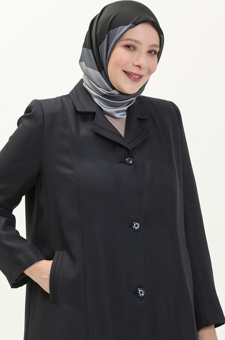 Sefa Merve Plus Size Buttoned Lined Overcoat 0422-03 Navy Blue  - Image 4
