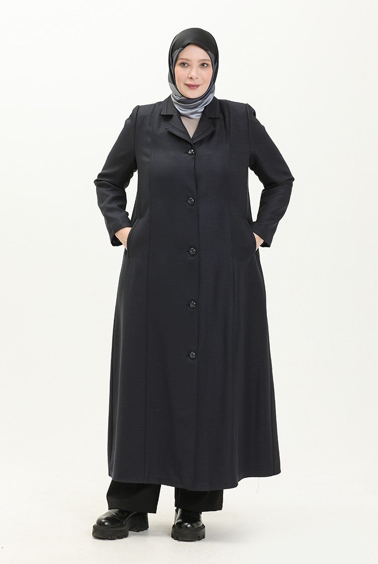 Sefa Merve Plus Size Buttoned Lined Overcoat 0422-03 Navy Blue  - Image 2