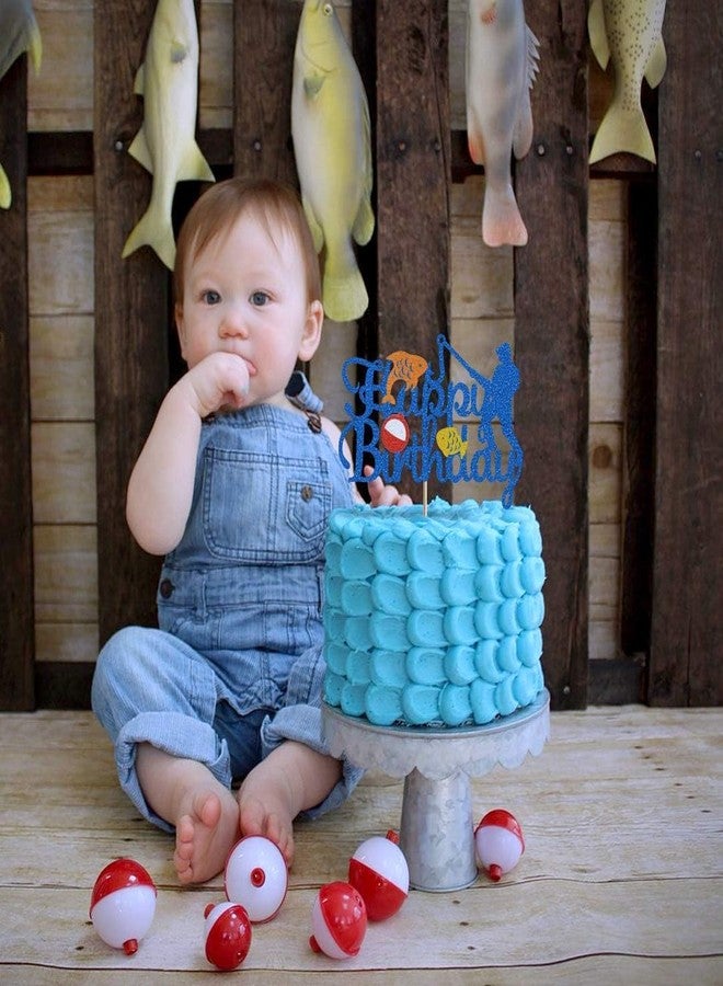 Unp Glorymoment Fishing Cake Toppers Birthday, Glitter Blue Bobber Cake Topper, Fisherman Cake Topper Birthday Fishing Themed Party Cake Decoration Supplies -Double Sided (6.7?? x 4.67??) - Image 2