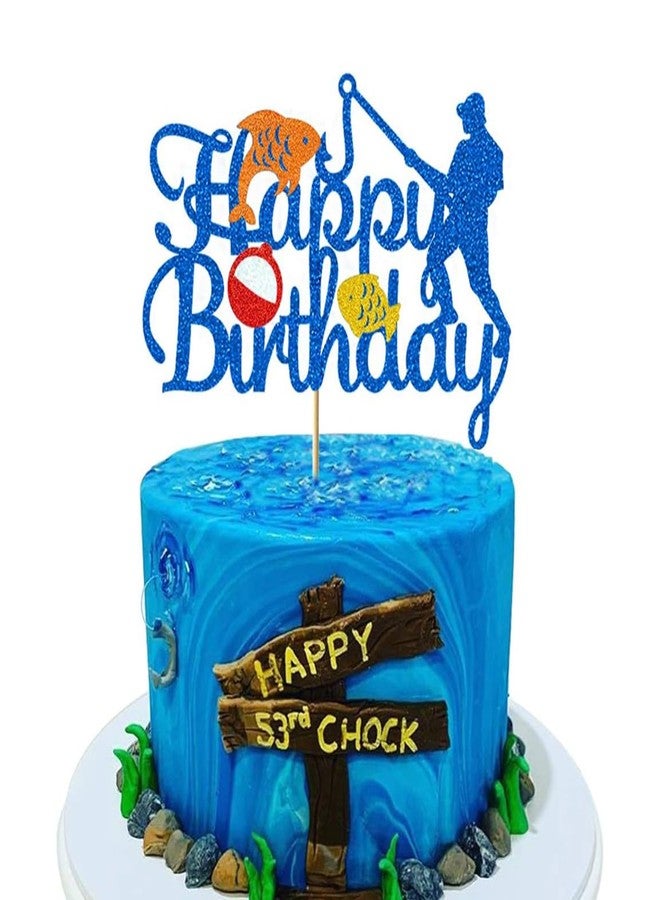 Unp Glorymoment Fishing Cake Toppers Birthday, Glitter Blue Bobber Cake Topper, Fisherman Cake Topper Birthday Fishing Themed Party Cake Decoration Supplies -Double Sided (6.7?? x 4.67??) - Image 1