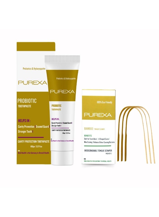 PUREXA مجموعة PUREXA للعناية بالفم (مع البروبيوتيك) | تشمل معجون أسنان بالبروبيوتيك والفلورايد (100 جم) و3 أدوات لتنظيف اللسان من الخيزران | تركيبة تحتوي على الزيليتول لنفس منعش وأسنان أكثر نظافة - Image 1