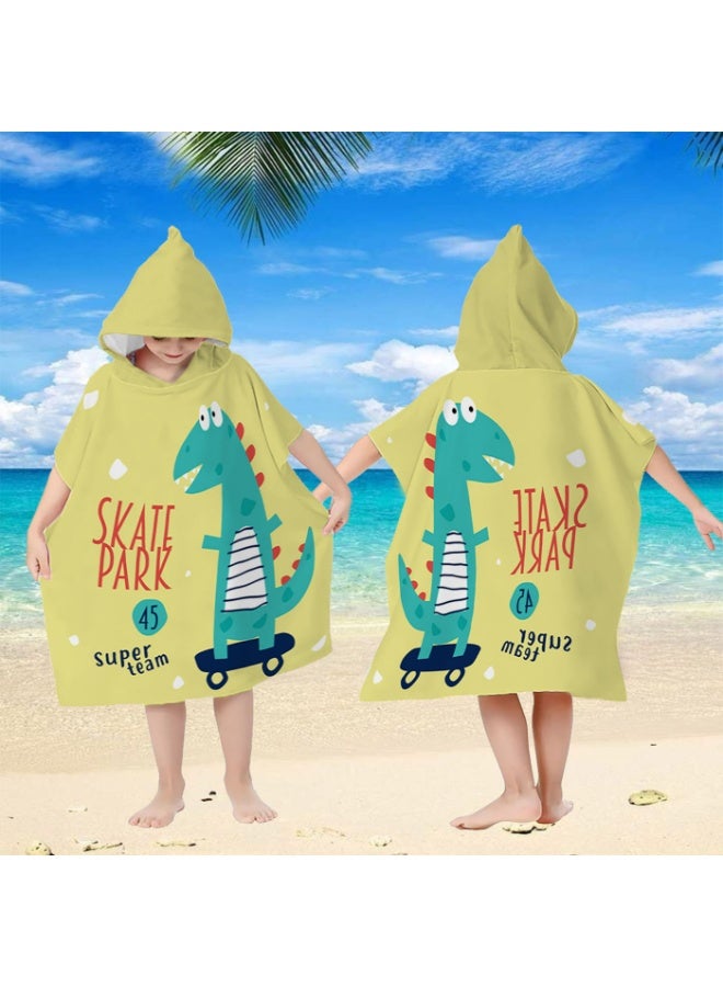 Kids' Hooded Poncho Towel, Quick-Dry, Skateboarding Dinosaur Print, Yellow for Beach and Swim - Image 1