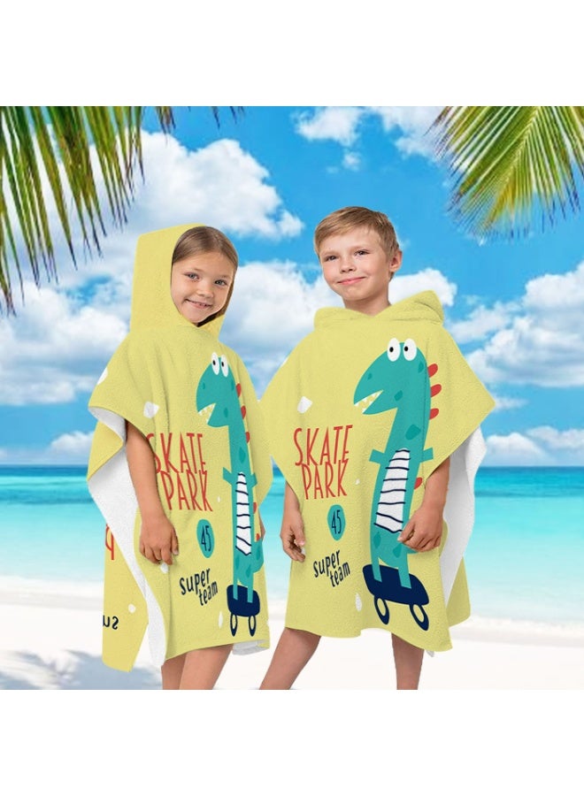 Kids' Hooded Poncho Towel, Quick-Dry, Skateboarding Dinosaur Print, Yellow for Beach and Swim - Image 5