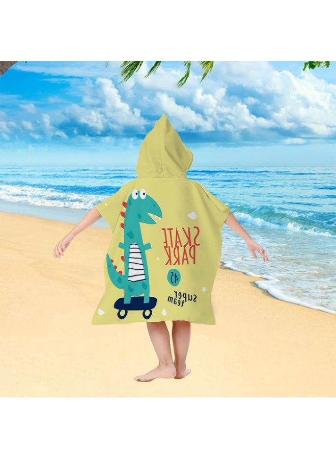 Kids' Hooded Poncho Towel, Quick-Dry, Skateboarding Dinosaur Print, Yellow for Beach and Swim - Image 2