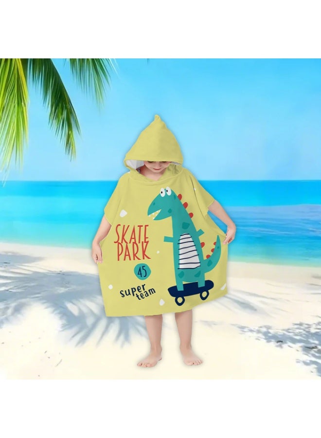 Kids' Hooded Poncho Towel, Quick-Dry, Skateboarding Dinosaur Print, Yellow for Beach and Swim - Image 3