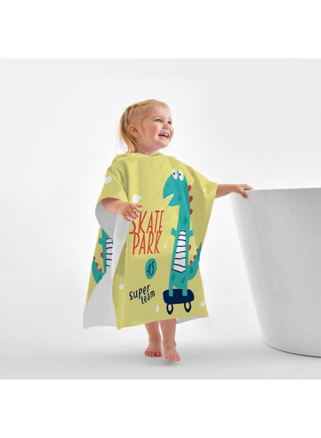 Kids' Hooded Poncho Towel, Quick-Dry, Skateboarding Dinosaur Print, Yellow for Beach and Swim - Image 4