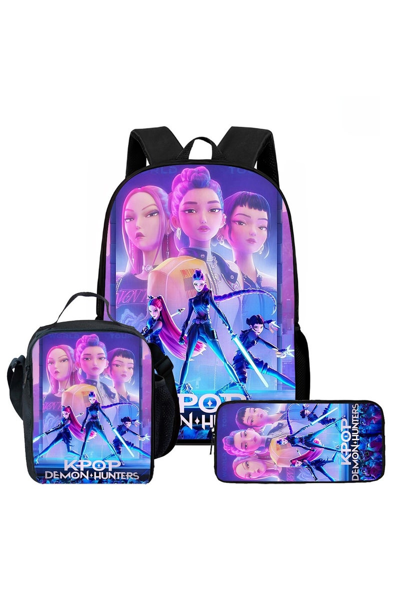 general Three-piece set of Kpop Demon Hunters printed school bag lunch bag pen bag student backpack cartoon backpack to meet daily travel - Image 1