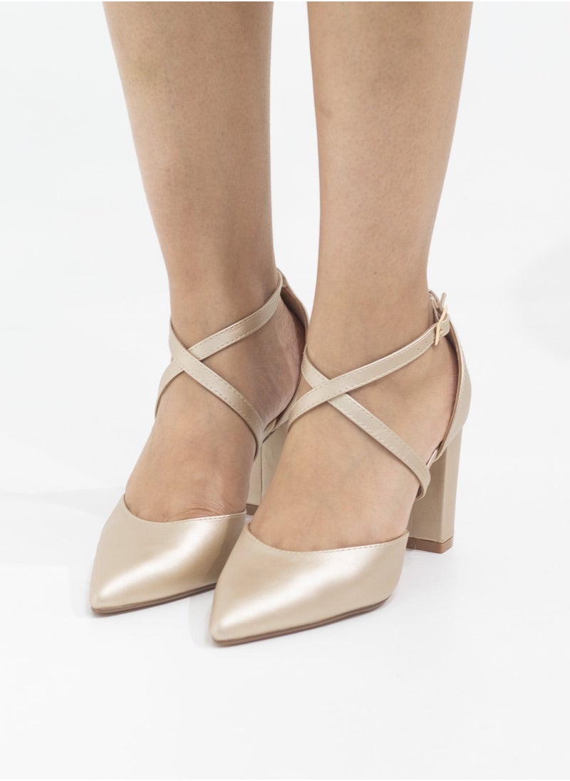 LAMARAPARIS - Femi cross-belts open waist 8.5cm block heel champagne - Image 1