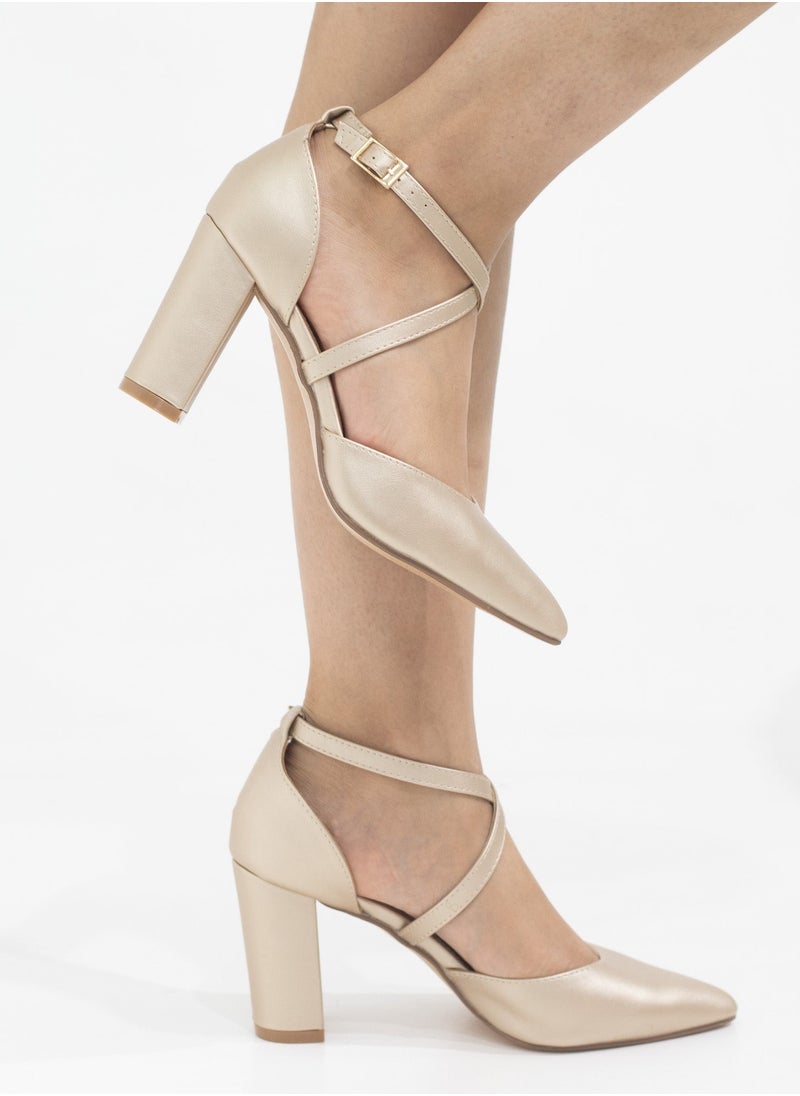 LAMARAPARIS - Femi cross-belts open waist 8.5cm block heel champagne - Image 1