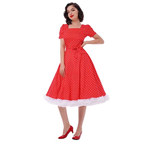 IKADEX Women Vintage 50s 1950s Dress Square Neck A-line Polka Dot Rockabilly Swing Evening Party Cocktail Dresses Red S - Image 2