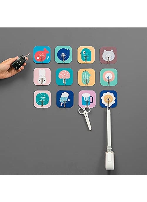 PAVITYAKSH PAVITYAKSH 12 Pcs Fancy Self Adhesive Plastic Wall Hooks Sticker Heavy Duty Hooks for Hanging 3KG Max Keys Coats Hats Bags Ceiling Kitchen AccessoriesRandom Design Color 75x85 cm  - Image 3