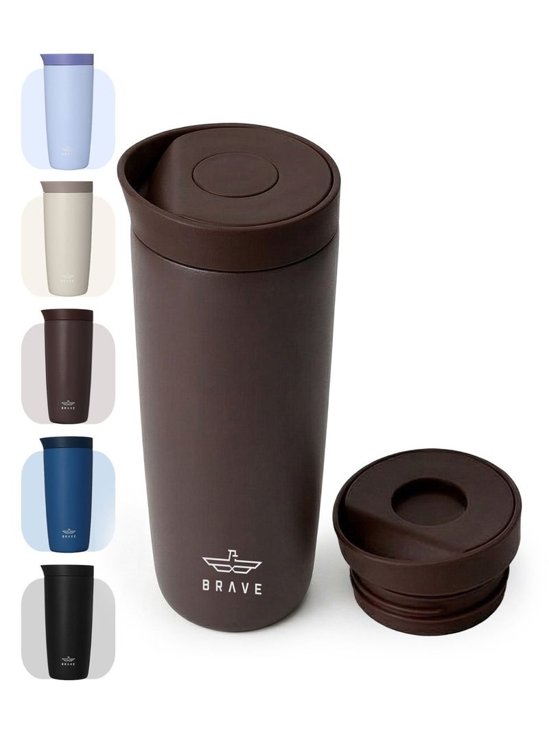 Brave Insulated Travel Mug 350ml Stainless Steel Coffee Cup with Push Button Lid, Double Wall Vacuum Flask Thermos, Leakproof Tumbler for Hot & Cold Drinks, Keeps Hot 8 Hours Cold 24 Hours, Portable Durable Coffee Tea Water Mug, Cup Holder Friendly Travel Tumbler (Brown) - Image 1
