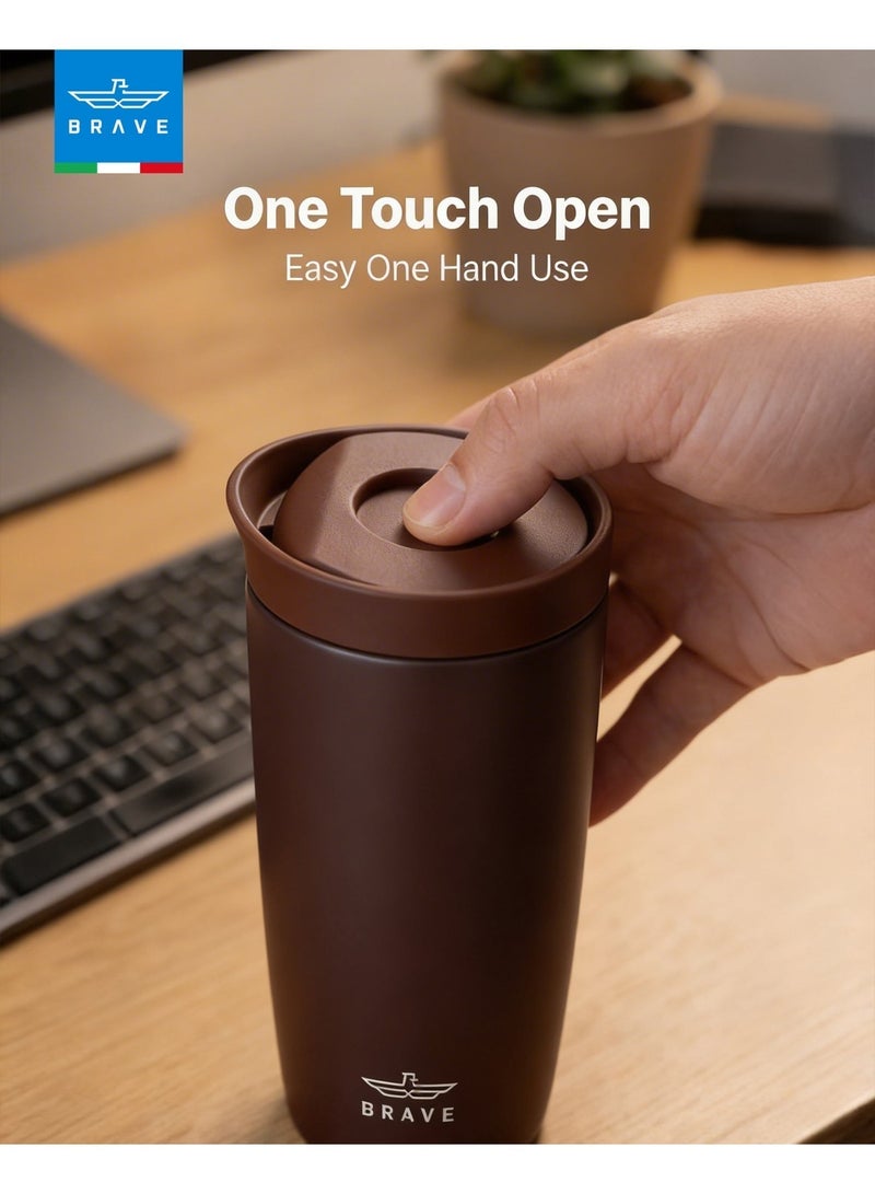 Brave Insulated Travel Mug 350ml Stainless Steel Coffee Cup with Push Button Lid, Double Wall Vacuum Flask Thermos, Leakproof Tumbler for Hot & Cold Drinks, Keeps Hot 8 Hours Cold 24 Hours, Portable Durable Coffee Tea Water Mug, Cup Holder Friendly Travel Tumbler (Brown) - Image 2