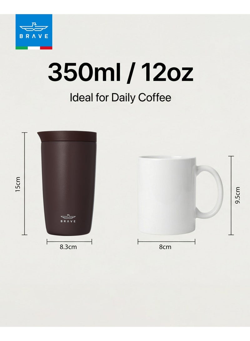 Brave Insulated Travel Mug 350ml Stainless Steel Coffee Cup with Push Button Lid, Double Wall Vacuum Flask Thermos, Leakproof Tumbler for Hot & Cold Drinks, Keeps Hot 8 Hours Cold 24 Hours, Portable Durable Coffee Tea Water Mug, Cup Holder Friendly Travel Tumbler (Brown) - Image 3