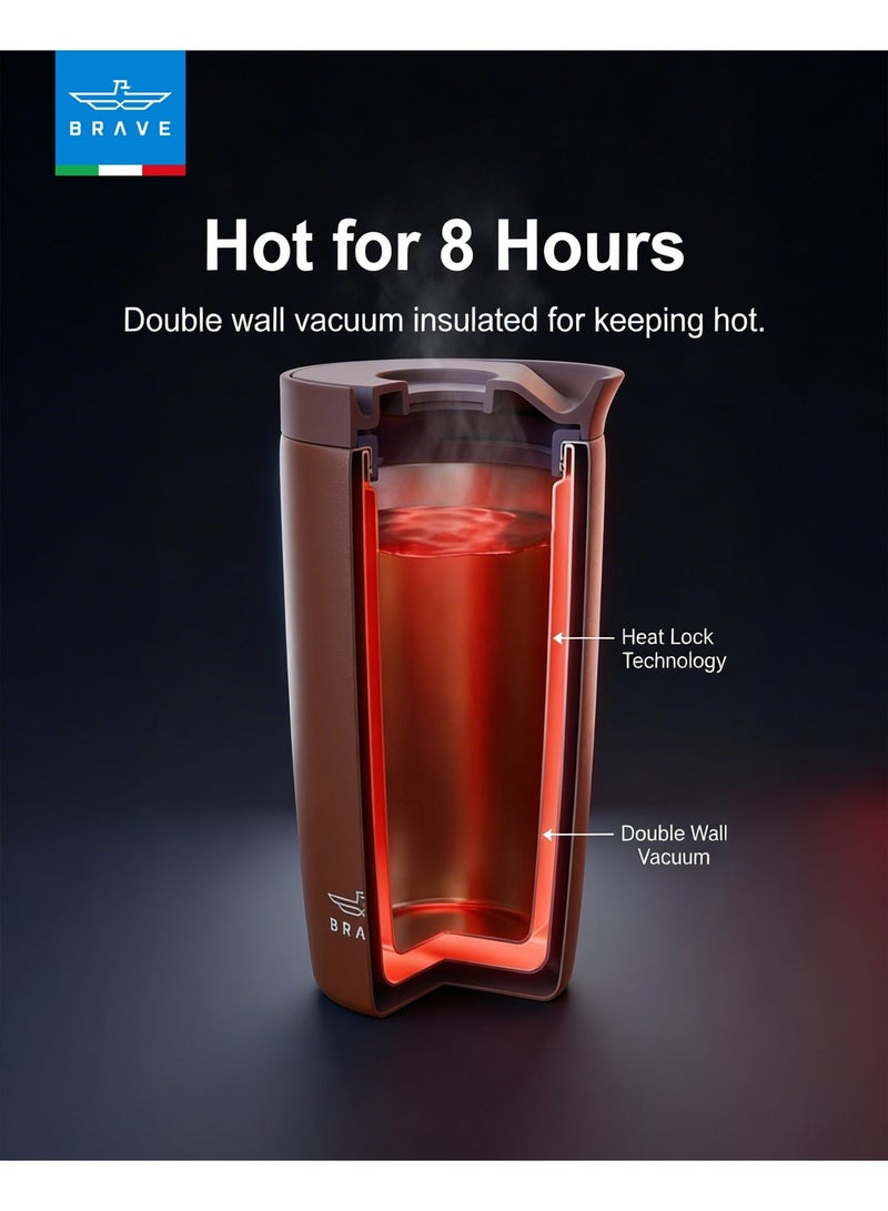 Brave Insulated Travel Mug 350ml Stainless Steel Coffee Cup with Push Button Lid, Double Wall Vacuum Flask Thermos, Leakproof Tumbler for Hot & Cold Drinks, Keeps Hot 8 Hours Cold 24 Hours, Portable Durable Coffee Tea Water Mug, Cup Holder Friendly Travel Tumbler (Brown) - Image 5