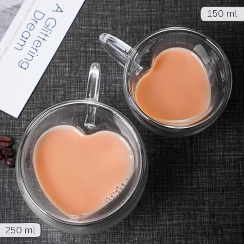 Ash  Roh Ash & Roh Heart Shape Double Walled Glass Cups, Insulated Coffee and Tea Mugs with Handle, Clear Borosilicate Cups for Hot & Iced Drinks Glass (Pack of 2, 250ml) - Image 2
