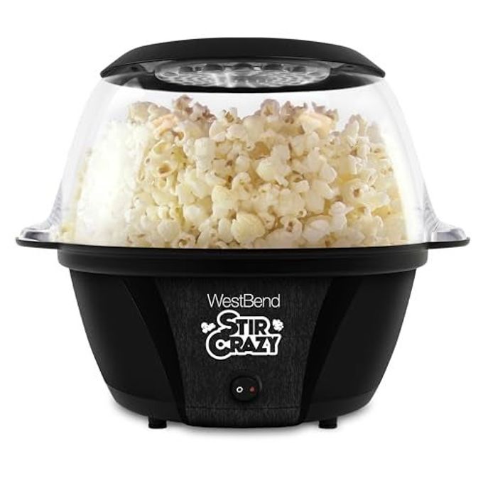 West Bend Stir Crazy Hot Oil Popcorn Popper, Popcorn Maker Machine with Large Serving Bowl Lid and Stirring Rod Perfect for Movie Night Snack Time or Parties, 6-Quart, Black - Image 1