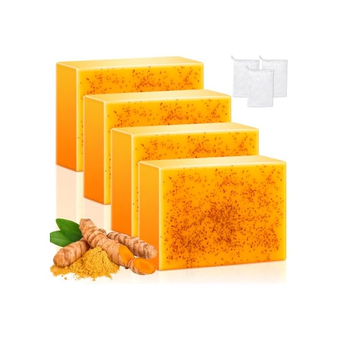 Treeroot 4 Pack Turmeric Soap, 100g Kojic Acid and Turmeric Soap Bar, Gently Clean the Face, Contains Retinol, Collagen, Vitamin C, Shea Butter, Used for Face & Body, SLS Free