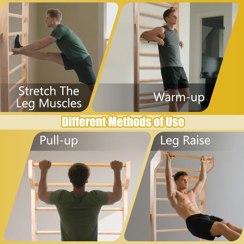 WodGod Wood Swedish Ladder with 11 Strategic Rods,Withstands up to 330 lbs,Stall Bar,Include Exercise Straps+Pull-Up Resistance Band+Pull-Up Bar,31.5â€*86.6â€,Wall Mounted,Stretching and Various Exercises,Indoor Home School Gym Fitness - Image 3
