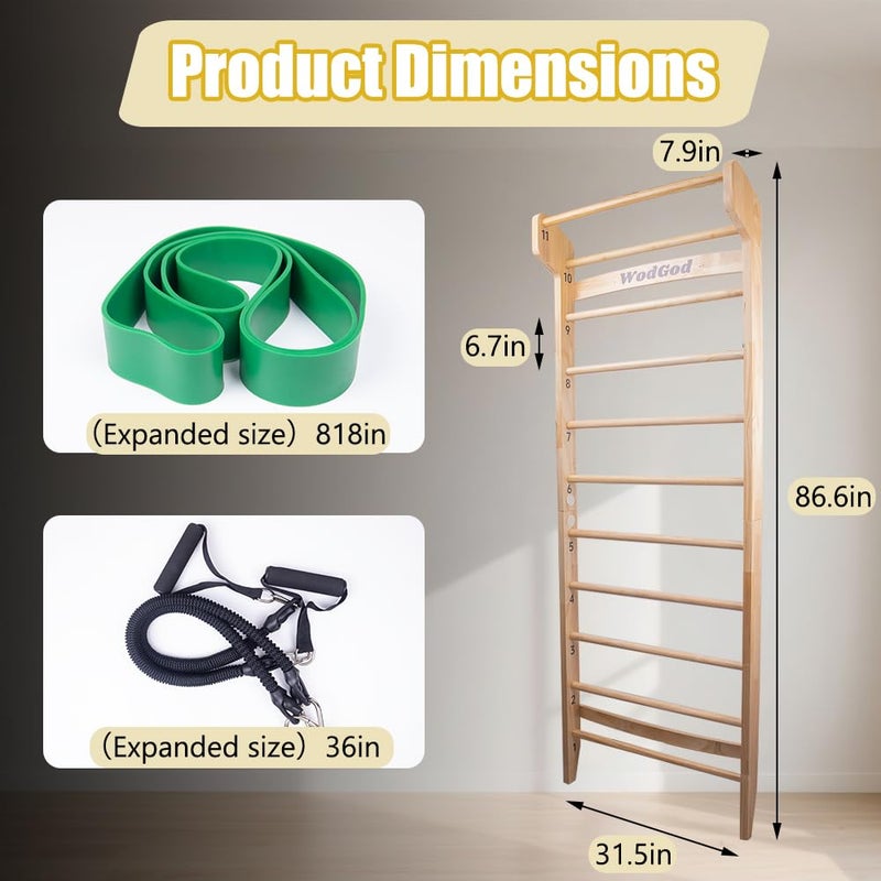 WodGod Wood Swedish Ladder with 11 Strategic Rods,Withstands up to 330 lbs,Stall Bar,Include Exercise Straps+Pull-Up Resistance Band+Pull-Up Bar,31.5â€*86.6â€,Wall Mounted,Stretching and Various Exercises,Indoor Home School Gym Fitness - Image 2