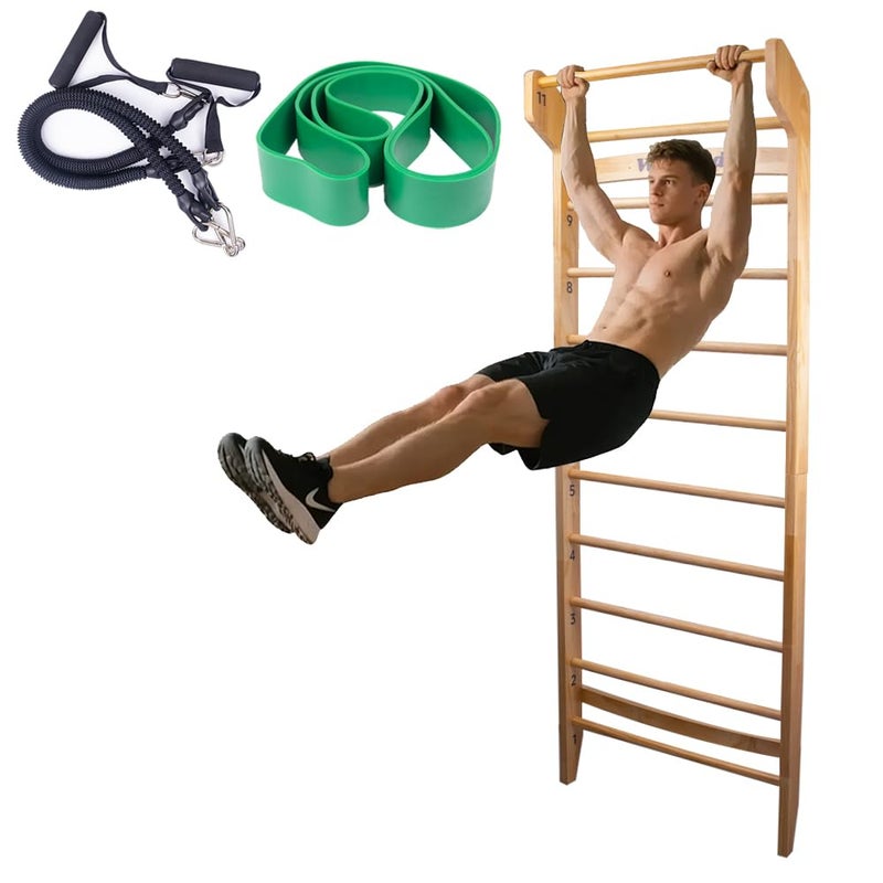 WodGod Wood Swedish Ladder with 11 Strategic Rods,Withstands up to 330 lbs,Stall Bar,Include Exercise Straps+Pull-Up Resistance Band+Pull-Up Bar,31.5â€*86.6â€,Wall Mounted,Stretching and Various Exercises,Indoor Home School Gym Fitness - Image 1