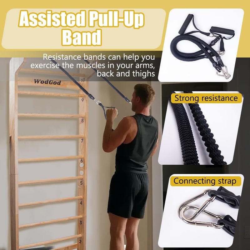 WodGod Wood Swedish Ladder with 11 Strategic Rods,Withstands up to 330 lbs,Stall Bar,Include Exercise Straps+Pull-Up Resistance Band+Pull-Up Bar,31.5â€*86.6â€,Wall Mounted,Stretching and Various Exercises,Indoor Home School Gym Fitness - Image 5