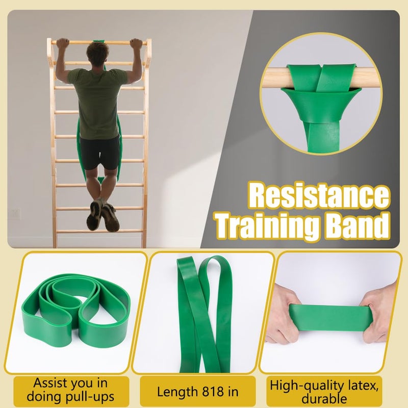 WodGod Wood Swedish Ladder with 11 Strategic Rods,Withstands up to 330 lbs,Stall Bar,Include Exercise Straps+Pull-Up Resistance Band+Pull-Up Bar,31.5â€*86.6â€,Wall Mounted,Stretching and Various Exercises,Indoor Home School Gym Fitness - Image 4