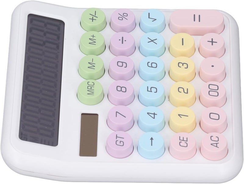 Drfeify 12 Digit Portable Solar Battery Powered Calculator for Girls Kids Office, Large Round Keys Dual Power Supply Calculator for Office Business Desk ABS Material (White) - Image 2
