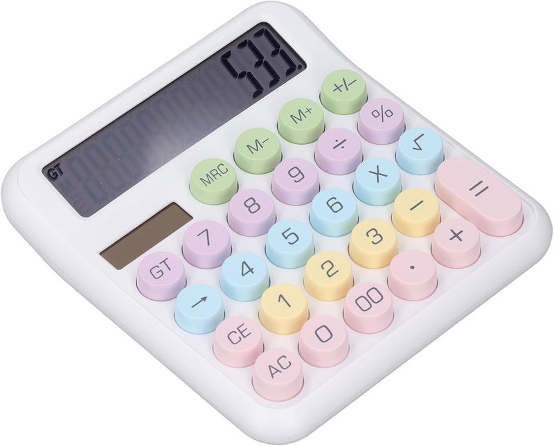 Drfeify 12 Digit Portable Solar Battery Powered Calculator for Girls Kids Office, Large Round Keys Dual Power Supply Calculator for Office Business Desk ABS Material (White) - Image 1