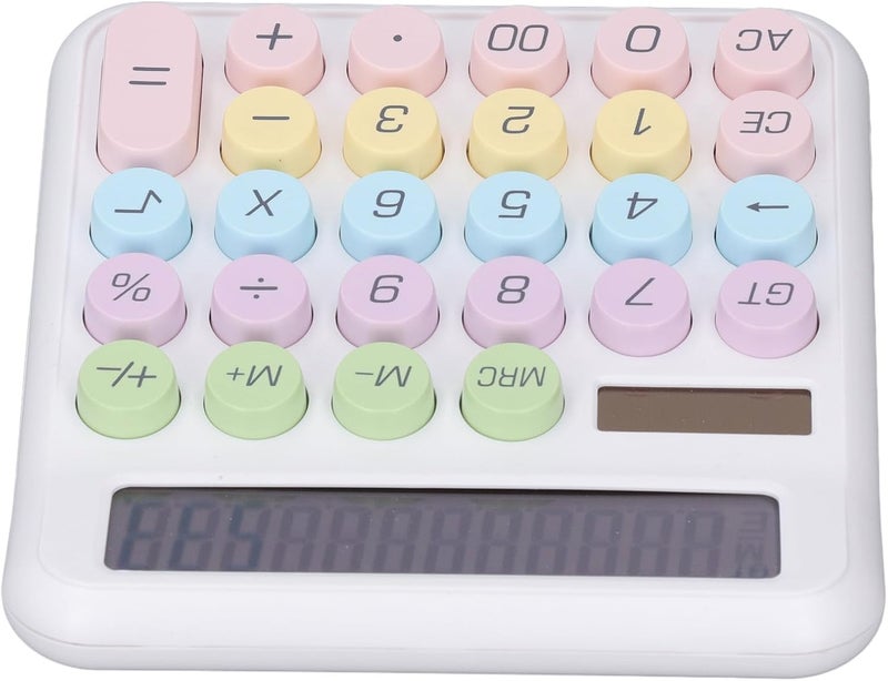 Drfeify 12 Digit Portable Solar Battery Powered Calculator for Girls Kids Office, Large Round Keys Dual Power Supply Calculator for Office Business Desk ABS Material (White) - Image 5