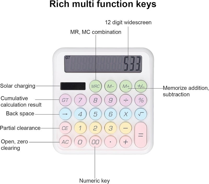 Drfeify 12 Digit Portable Solar Battery Powered Calculator for Girls Kids Office, Large Round Keys Dual Power Supply Calculator for Office Business Desk ABS Material (White) - Image 3