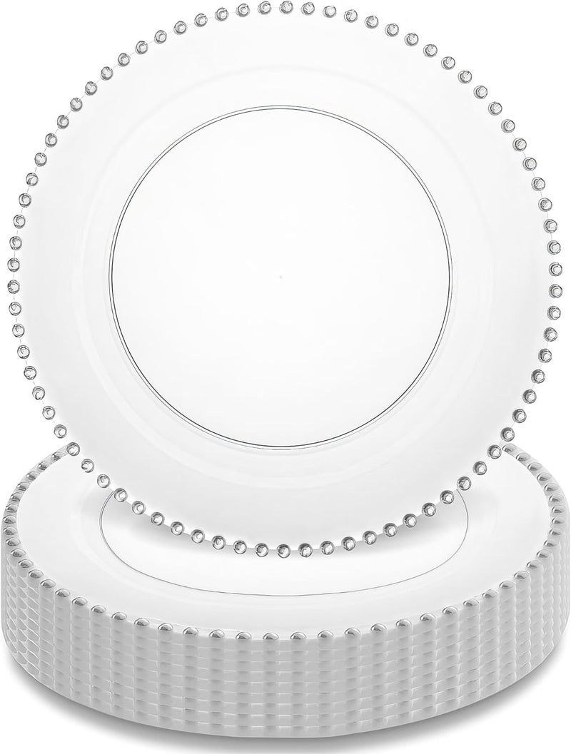 DecorLine Beaded Collection Clear  Silver Plastic Plates  75 Pack of 10 Elegant Design Tableware Perfect for Chic Special Occasions  Gatherings - Image 1