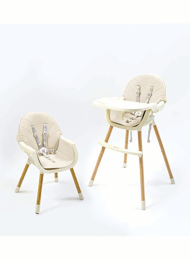 Nurtur 2 in 1High chair, adjustable height, wooden finish, with padded cushioning, Detachable Tray, footrest included - Beige - Image 1