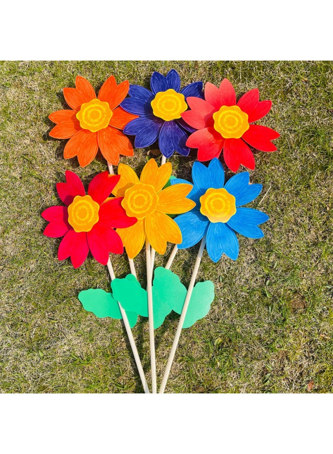 Double Green Leaf Wooden Pole Lotus Windmill Outdoor Scenic Spot B & B Floor Decoration Advertising Venue Layout Props Festival Gift-Color:Mixed Color Hair-Specifications:Windmill Diameter 24cm With 45cm Wooden Pole Height About 58cm  - Image 1