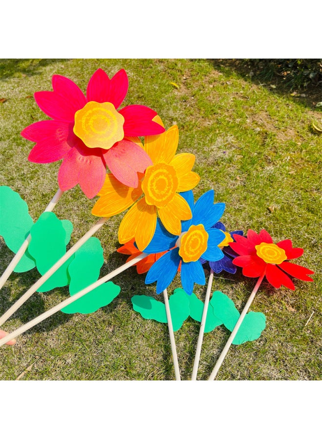 Double Green Leaf Wooden Pole Lotus Windmill Outdoor Scenic Spot B & B Floor Decoration Advertising Venue Layout Props Festival Gift-Color:Mixed Color Hair-Specifications:Windmill Diameter 24cm With 45cm Wooden Pole Height About 58cm  - Image 3