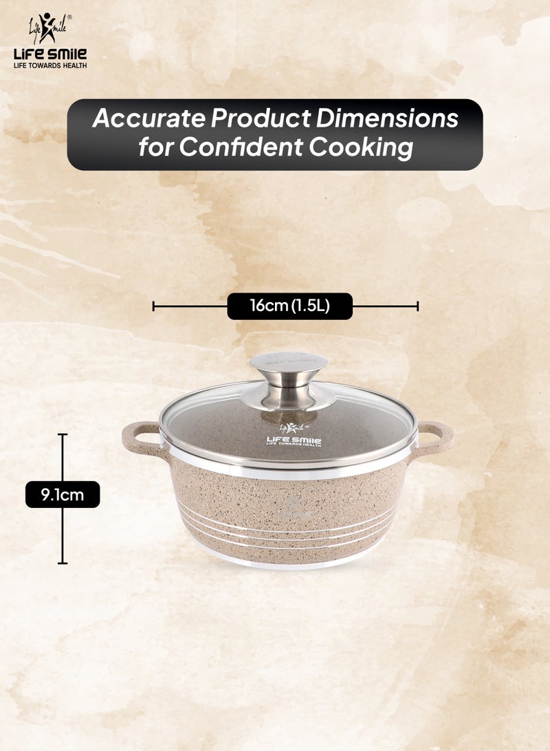 Life Smile 16cm (1.5 Liter) LIFE SMILE Non-Stick Cooking Pot | Aluminum Soup Pot With Glass Lid | 100% PFOA Free, Fixed Handle | Multi Layer Non-Stick Granite Coating | Oven safe Cookwares - Image 3