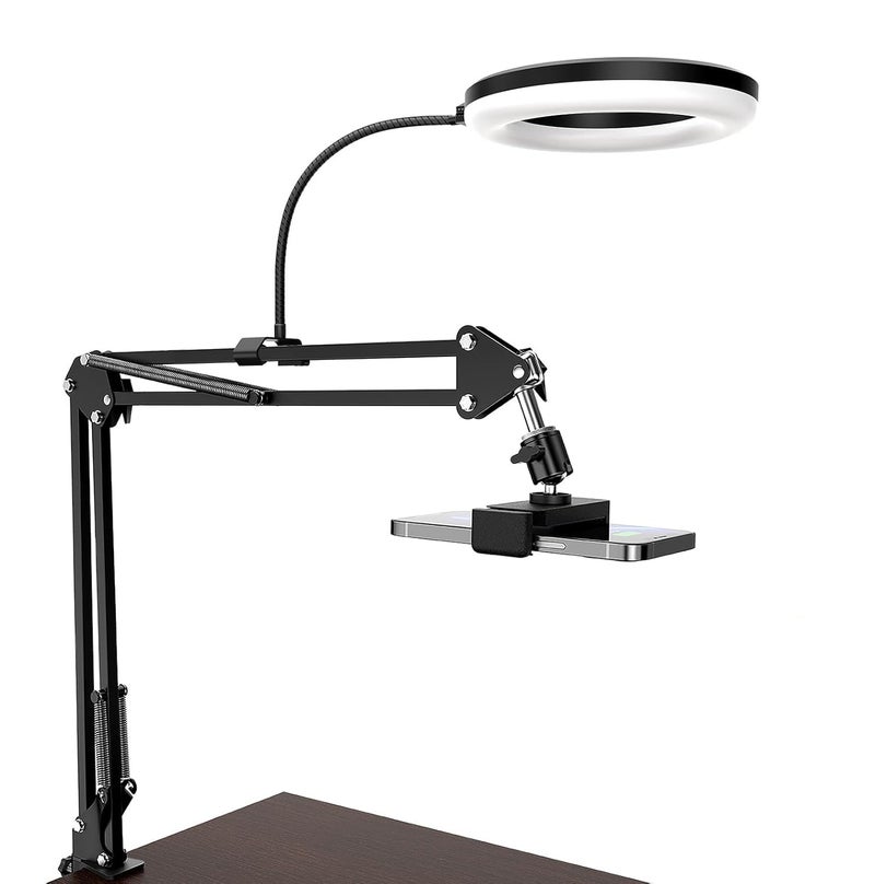 Overhead Video Stand with 6-Inch Ring Light Metal Arm Body with 1/4" Ball Head Desktop Stand for Camera, Mobile, Tablet Ideal for Overhead Recording & Bedroom Use (6" with Ring Light)