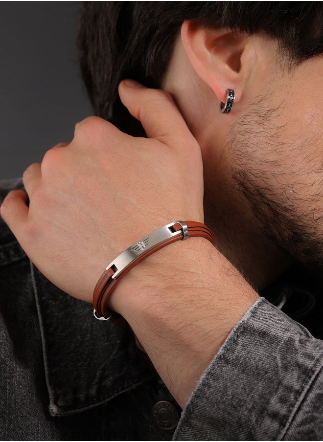 POLICE - Looper BraceletDual Layer Brown Leather with Iconic Logo Plaque and Stainless Steel Clip ClosureMen's Fearless Urban  Style - Image 1