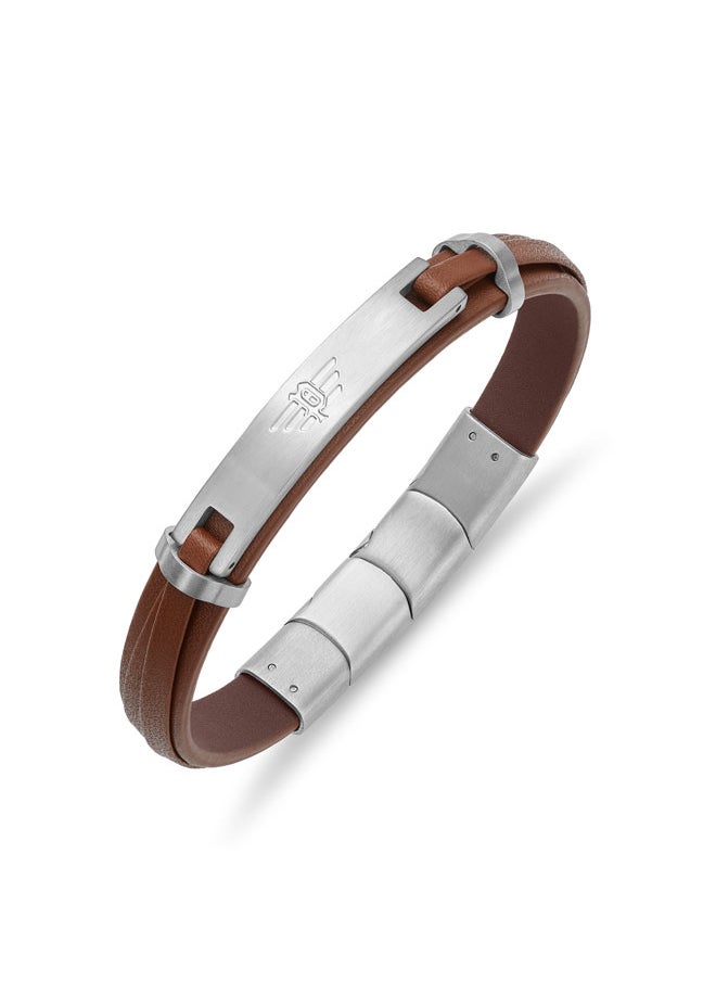 POLICE - Looper BraceletDual Layer Brown Leather with Iconic Logo Plaque and Stainless Steel Clip ClosureMen's Fearless Urban  Style - Image 1