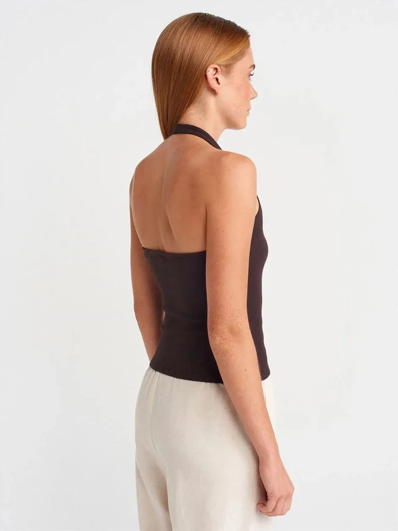 ديلفين Dilvin Crop Halterneck Ribbed Blouse With Stone Detail