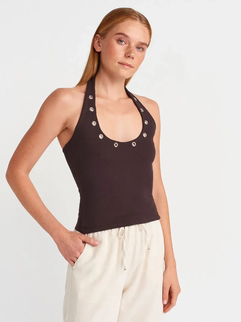 ديلفين Dilvin Crop Halterneck Ribbed Blouse With Stone Detail